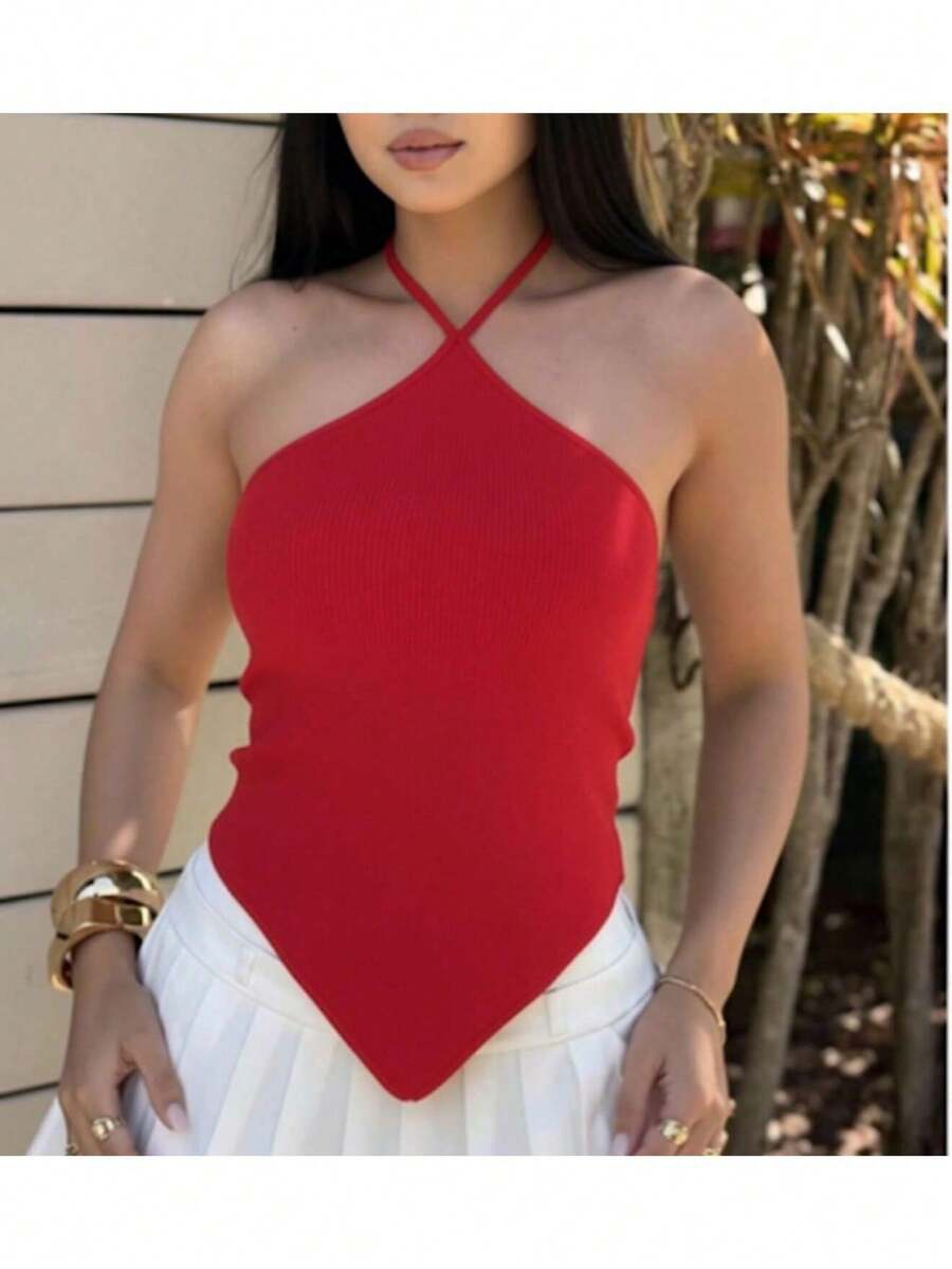 Women's Cropped Ribbed Modal Top, Plain, Halter Neck, Summer Style, Tie Neck, Moura Tricot Knit - Red - View 1