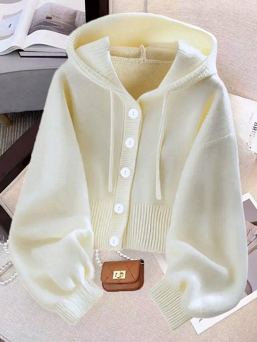 Front Button Casual Solid Color Long Sleeve Hooded Knit Cardigan - Beige - View 1