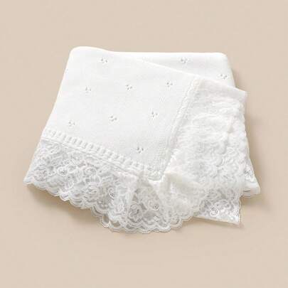 1pc Casual Minimalist Fashion Baby Knitted Blanket, Sweet Lace Patchwork Children's Cozy Throw Blanket, Versatile For All Seasons