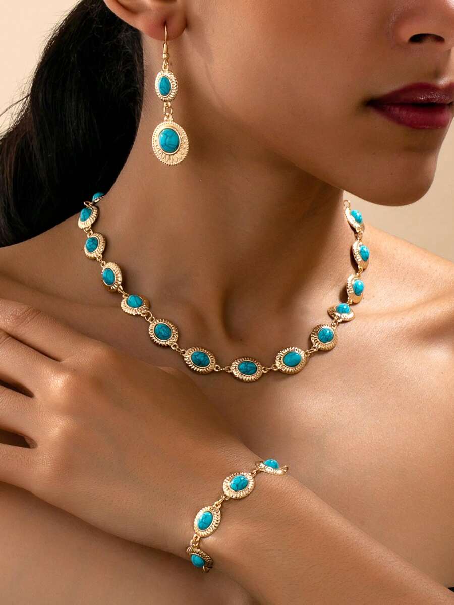 Bộ trang sức nữ vòng cổ, vòng tay, hoa tai, vòng tay ngọc lam, phong cách Bohemian cổ điển thanh lịch, thích hợp làm quà tặng, tiệc tùng, dạ tiệc và đeo hàng ngày - Màu xanh lam - Xem 1