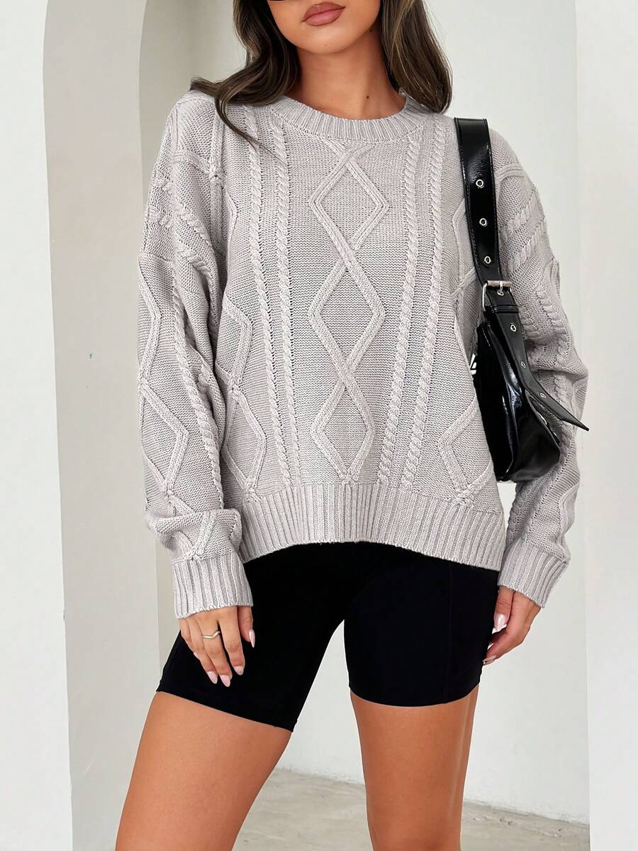 Women's Crew Neck Long Sleeve Casual Warm Cable Knit Sweater, Autumn/Winter - Apricot - View 1