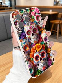 1 pieza Funda de teléfono con diseño de calaveras decoradas con flores coloridas en estilo tradicional mexicano, ideal para Día de Muertos y celebraciones culturales, moda urbana creativa, protección elevada para lente con diseño de ojo, resistente a golpes, compatible con iPhone17 ProMax/16/15/14/13/12/11/Plus/Pro/ProMax, compatible con Galaxy A34/A35/A54/A55, Galaxy S20/S21/S22/S23/S24/S25 Ultra/Plus, compatible con Galaxy/Redmi/Honor/OPPO/ViVo - Blanco - Ver 4