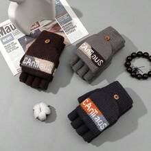 2 Pairs Winter Jacquard Letter Gloves, Thermal Lined Warm Cycling Gloves, Winter Warm Half Finger Flip-Top Gloves - Multicolor - View 1