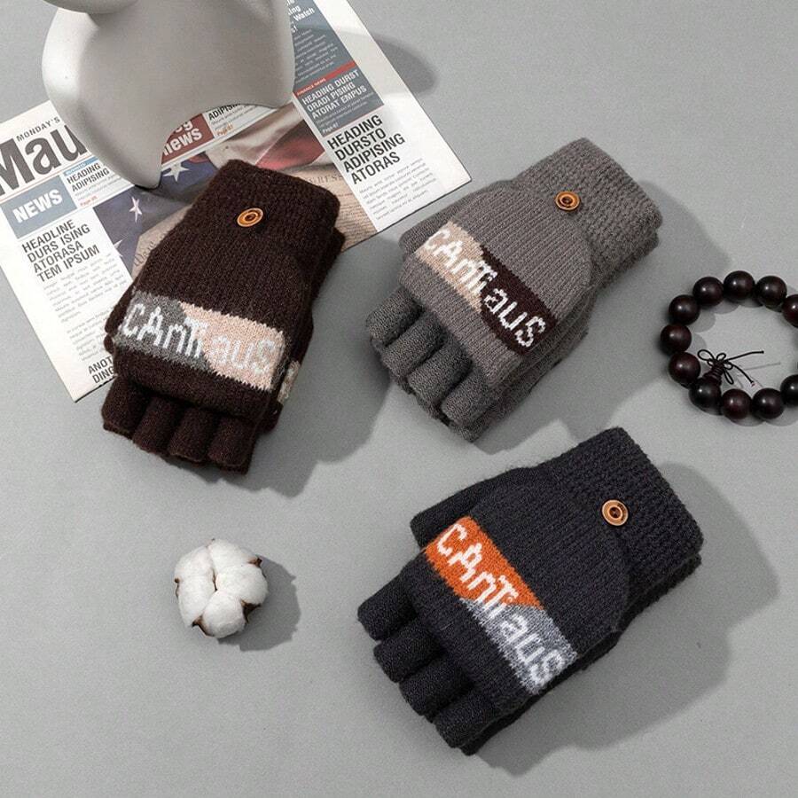 2 Pairs Winter Jacquard Letter Gloves, Thermal Lined Warm Cycling Gloves, Winter Warm Half Finger Flip-Top Gloves - Multicolor - View 1