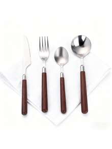 4pcs Stainless Steel Steak Knife, Fork And Spoon Cutlery Set, Faux Walnut Handle, Japanese Style Flatware - Multicolor - View 6