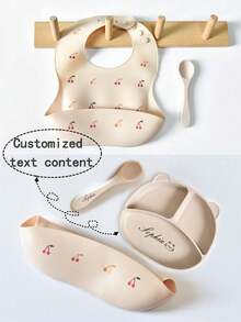 Conjunto de 3 peças de utensílios de silicone para bebê, incluindo babador, prato e colher personalizados. Impermeáveis, resistentes a manchas e quedas, com estampa de cereja. Ideal para alimentação infantil. Presente personalizado para meninos e meninas. Perfeito para todas as estações.