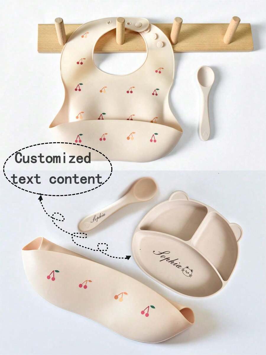 Conjunto de 3 peças de utensílios de silicone para bebê, incluindo babador, prato e colher personalizados. Impermeáveis, resistentes a manchas e quedas, com estampa de cereja. Ideal para alimentação infantil. Presente personalizado para meninos e meninas. Perfeito para todas as estações.