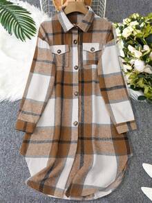 女士简约格纹纽扣领长袖衬衫式外套，休闲秋冬春季装 - 彩色 - 查看 2