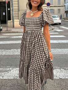 2026春夏大码女式格子优雅波西米亚风休闲褶皱下摆咖啡棕色连衣裙，度假连衣裙，夏季假日装扮，夏季连衣裙，生日连衣裙，优雅派对连衣裙，音乐会服装，毕业礼服 - 咖啡棕 - 查看 3