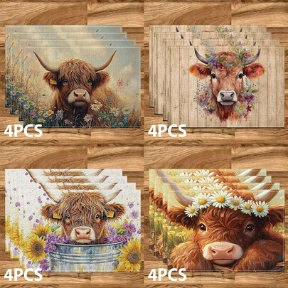 1/4/6/8/12 Pcs Highland Cow, Floral Printed Washable Linen-Like Table Mats, Protective Placemats For Indoor/Outdoor Dining, Suitable For Holiday Parties, Kitchen & Dining Table Decor