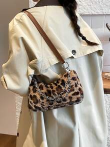 Leopard Print Fuzzy Shoulder Bag (Print Placement Random) - Brown - View 4
