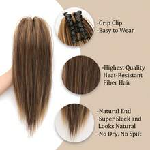 Peluca con coleta de cabello sintético corto y liso de 16 pulgadas con pinza, peluca con coleta para mujeres, extensión de cabello negro y marrón - Multicolor - Ver 5