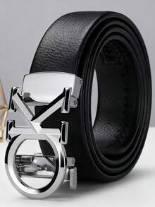 Men's Leather Belt With Alloy Automatic Buckle, Litchi Grain, Student Letter Buckle Waistband