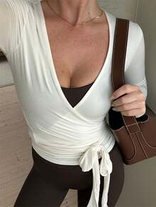 Women Ballet Wrap Top Long Sleeve Deep V Neck Cross Tie Workout Pilates Yoga Shirts Wrap Tie Crop Tops Sportswear Y2k Streetwear Slim Fitted Coquette Blouses - 白色 - 查看 4