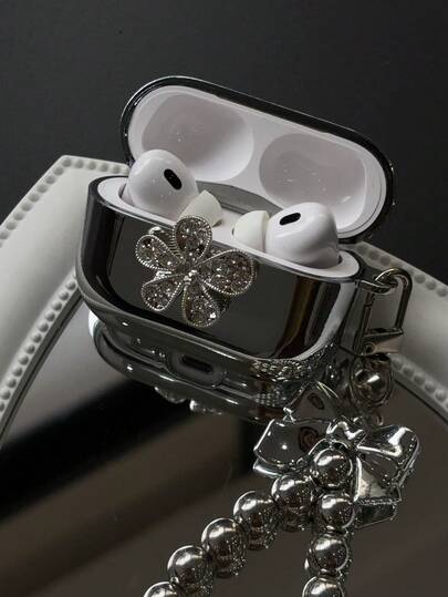 闪亮奢华水钻镶嵌3D立体花卉装饰电镀耳机盒，配银色蝴蝶结和珍珠挂链，兼容苹果耳机1/2/3/4/Pro/Pro2 - 送给闺蜜的礼物，节日礼物