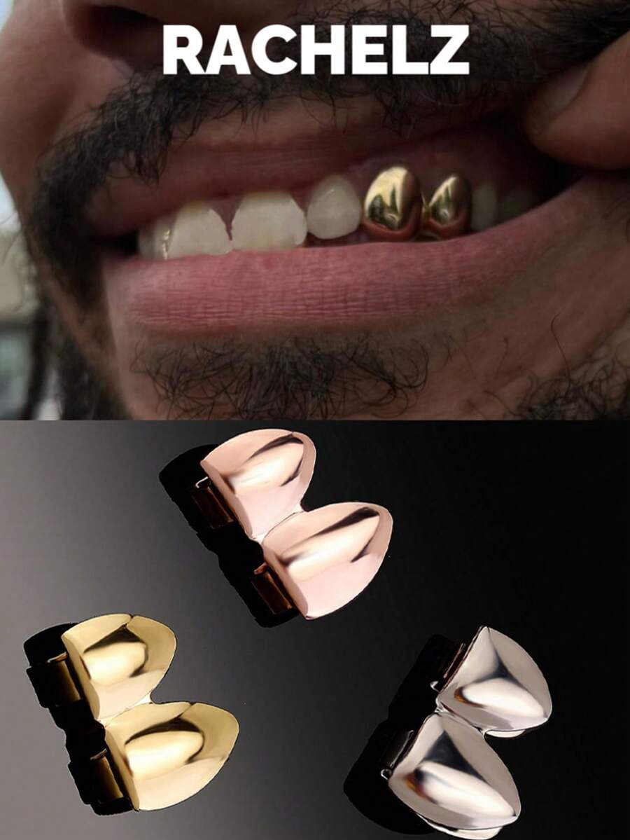 RACHELZ Vintage Double Smooth Surface Teeth Grillz Fangs Hip Hop Glossy Tooth Caps For Women Men Jewelry Halloween Christmas Cosplay Gift Daily Dental Grills - Prata - Ver 1