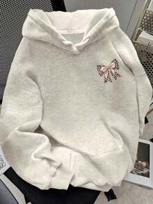 Women's Leopard Print Bow Decor Dropped Shoulder Hoodie Sweatshirt,Graphic Hoodie, Comfy Loose Fit - Perfect For Game Day & Valentine's Day - Xám nhạt 3 - Xem 2