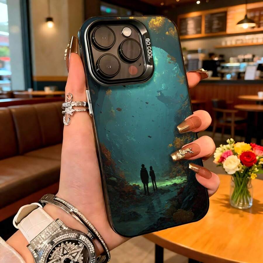 Cubierta de telefono con diseño de paisaje submarino azul oscuro con siluetas de personas y peces para iPhone 14 Pro Max ideal para uso diario en cafeterias y salidas urbanas - Blanco - Ver 1