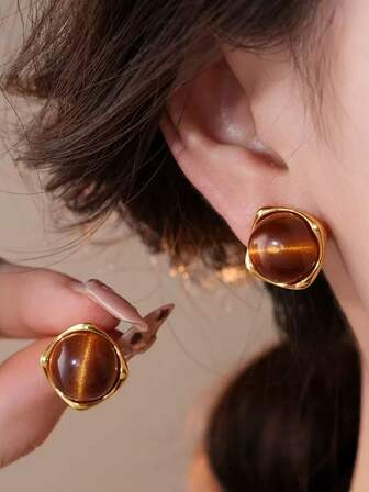 复古港式虎眼石耳钉，简约几何耳环，时尚百搭