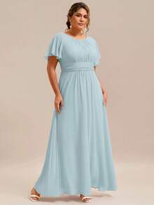 EVERPRETTY 大码浅蓝色雪纺伴娘礼服，圆领荷叶袖，春季婚礼宾客礼服，派对礼服 - 淺藍色 - 查看 4