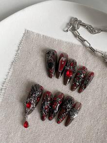 一套金属风重工业哥特红黑血钻手工按压式美甲贴片，重工业高端奢华，适合派对、生日、聚会等场合。 - 彩色 - 查看 11