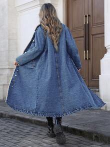 Chaqueta vaquera larga con forro térmico de moda casual para mujer, adecuada para otoño/invierno - Azul oscuro - Ver 7