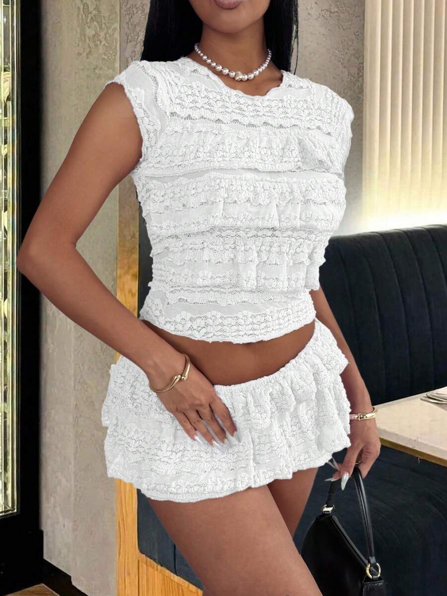 Spring/Summer Knit Lace Jacquard Ruched Crew Neck Top And Mini Skirt Set - White - View 1