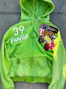 Y2K Hoodie New Arrival Fashionable Oversized Cardigan Unique Street Style High-Waisted Hooded Zipper Sweatshirt Jacket - màu xanh lá - Xem 1