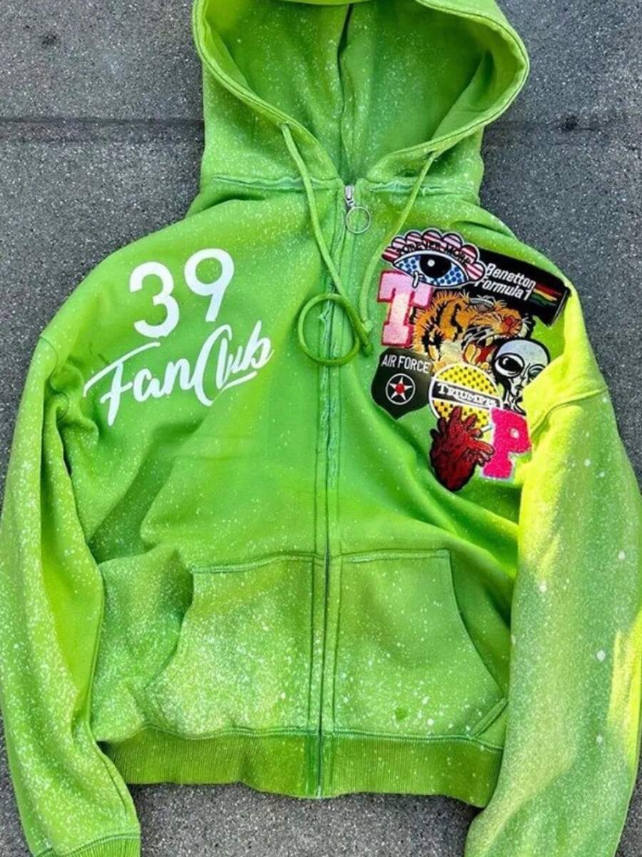 Y2K Hoodie New Arrival Fashionable Oversized Cardigan Unique Street Style High-Waisted Hooded Zipper Sweatshirt Jacket - màu xanh lá - Xem 1