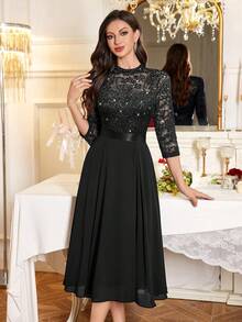 MIUSOL Đầm xòe chiffon tay lửng 3/4 cổ cao đính sequin và ren hoa, kiểu dáng thanh lịch dành cho nữ, thích hợp dự tiệc cưới, lễ tốt nghiệp, tiệc tối trang trọng và các dịp khác, màu đen cho ngày Valentine mùa xuân. - màu đen - Xem 5