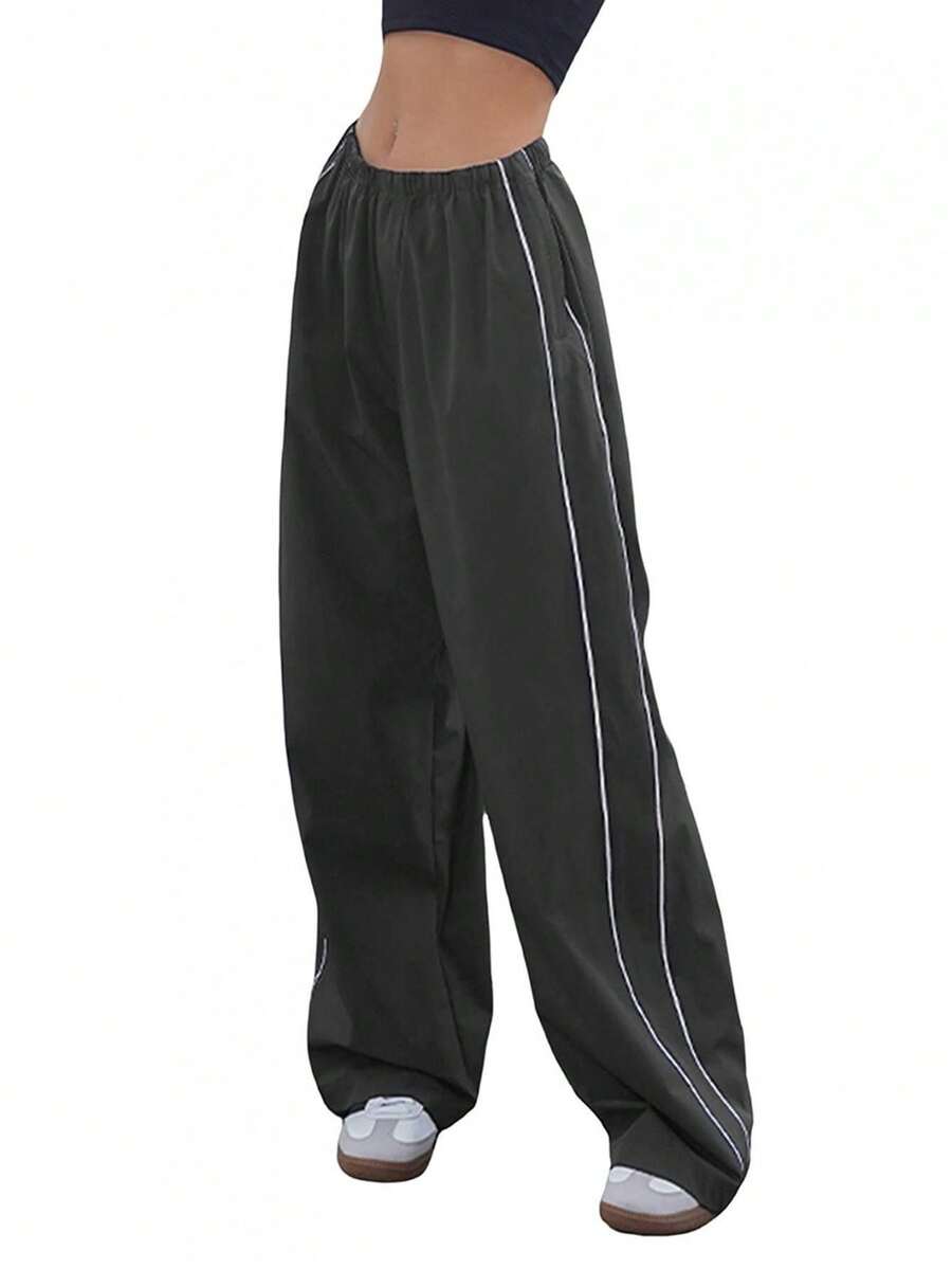 Womens Parachute Pants Wide Leg Baggy Pants Y2K Elastic Waist Jogger Sweatpants Track Pants Streetwear - 深灰色 - 查看 1