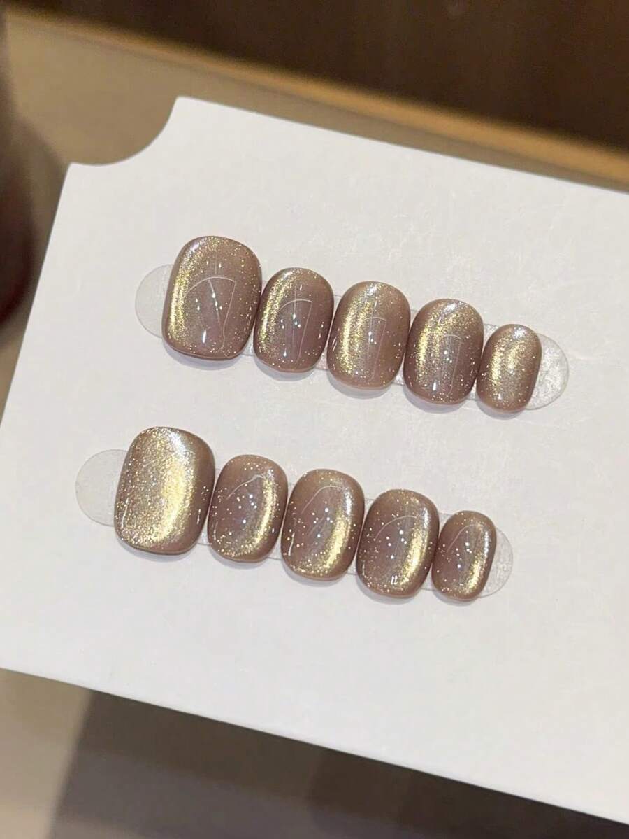 10 miếng dán móng tay hình oval ngắn thủ công, màu nâu, phong cách tối giản Y2K, họa tiết mắt mèo lấp lánh, phù hợp cho nữ và bé gái, dùng cho mùa xuân, hè, thu, đông, các dịp lễ và sử dụng hàng ngày. Móng tay giả thủ công. - Cà phê nâu - Xem 1