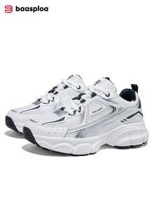 baasploa 女士网面跑步鞋，新款春秋季透气厚底增高运动鞋，轻便休闲鞋，复古风，减震防滑耐磨软底步行鞋，女士时尚多功能跑步训练鞋，女士网球鞋 - 白色 - 查看 3