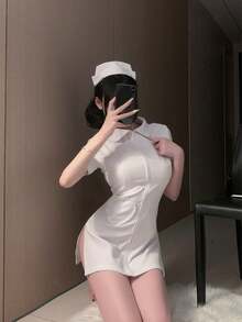 性感内衣万圣节服装，白色天使护士角色扮演性感舞台服装，包括连衣裙和头饰 - 白色 - 查看 9