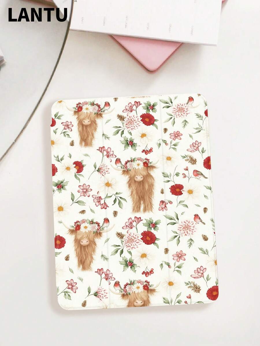 1pc Cow Floral Pattern Tablet Protective Case, Compatible With Apple IPad 10.2", IPad Pro 11" 2020/2021, IPad (A16) 11" 11th Gen 2025, IPad 9th/10th Gen, IPad Air 4th 10.9", Galaxy Tab S6 Lite 10.4", /, Anti-Drop, With Pen Slot, Sleep/Wake Support, Romantic Gift For Tablet Users - Multicolor - View 1