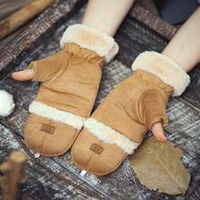 Winter Fingerless Gloves Insulated Warm Convertible Mittens Flip Half Finger Cover Women (Khaki), Khaki - 卡其色 - 查看 5