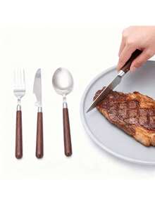 4pcs Stainless Steel Steak Knife, Fork And Spoon Cutlery Set, Faux Walnut Handle, Japanese Style Flatware - Multicolor - View 2