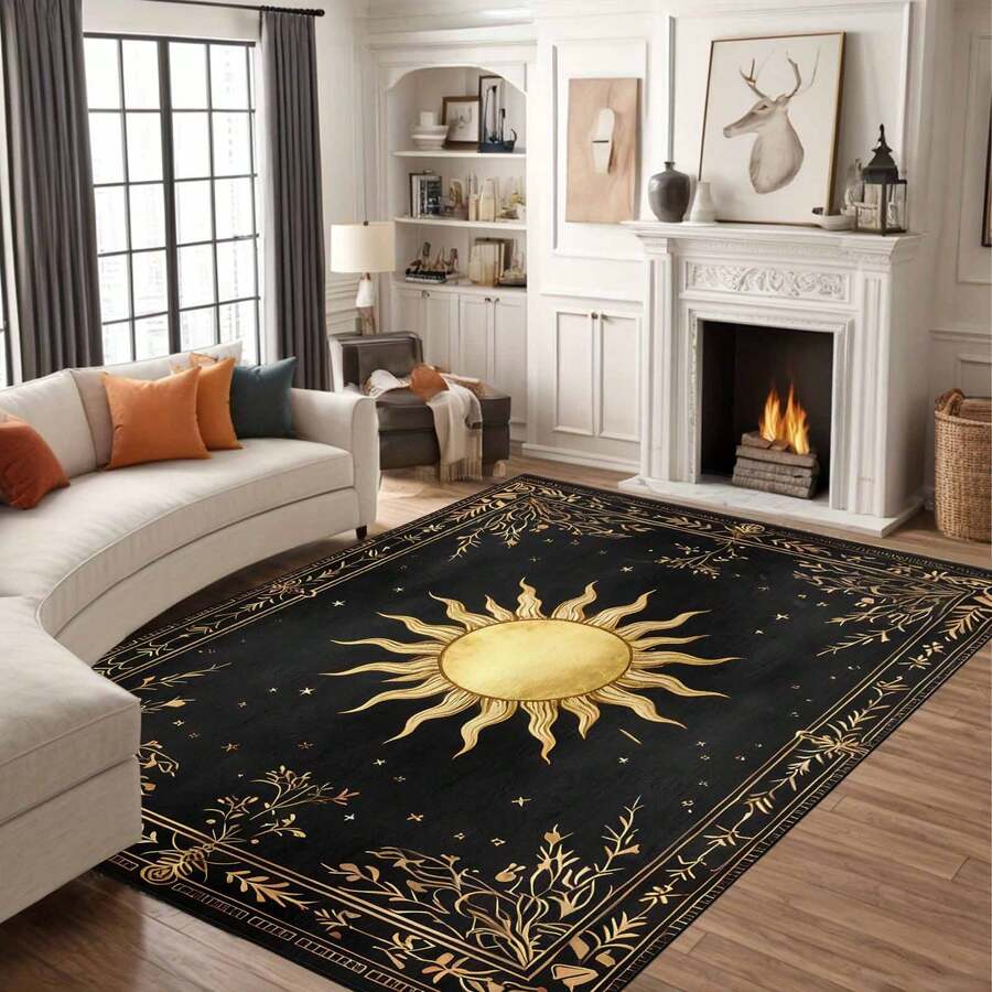 1Pc Large Mystical Moon & Golden Crescent Floral Area Rugs, Celestial Black With Golden Accents,Non-Slip Backing, Lightweight, Durable Polyester, Machine Washable, Easy To Clean, Soft Felt Back, Rug For Living Room, Bedroom Or Office, Sofa, Coffee Table, Kitchen, Bathroom, Balcony, Entrance Carpet, Apartment, Dormitory, Porch, Patio, Farmhouse Decor, Halloween, Fall Decor, Dark Academia Style, Indoor Use, Rugs For Living Room, Low Pile Carpet - 樣式 7 - 查看 1
