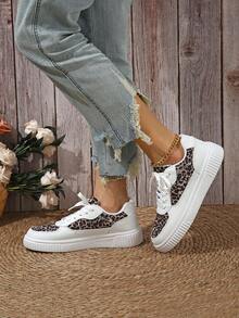 Trending Partial Leopard Print White Sneakers, Sweet & Cool Casual Everyday Versatile Women's Sneakers - White Leopard Print - View 6