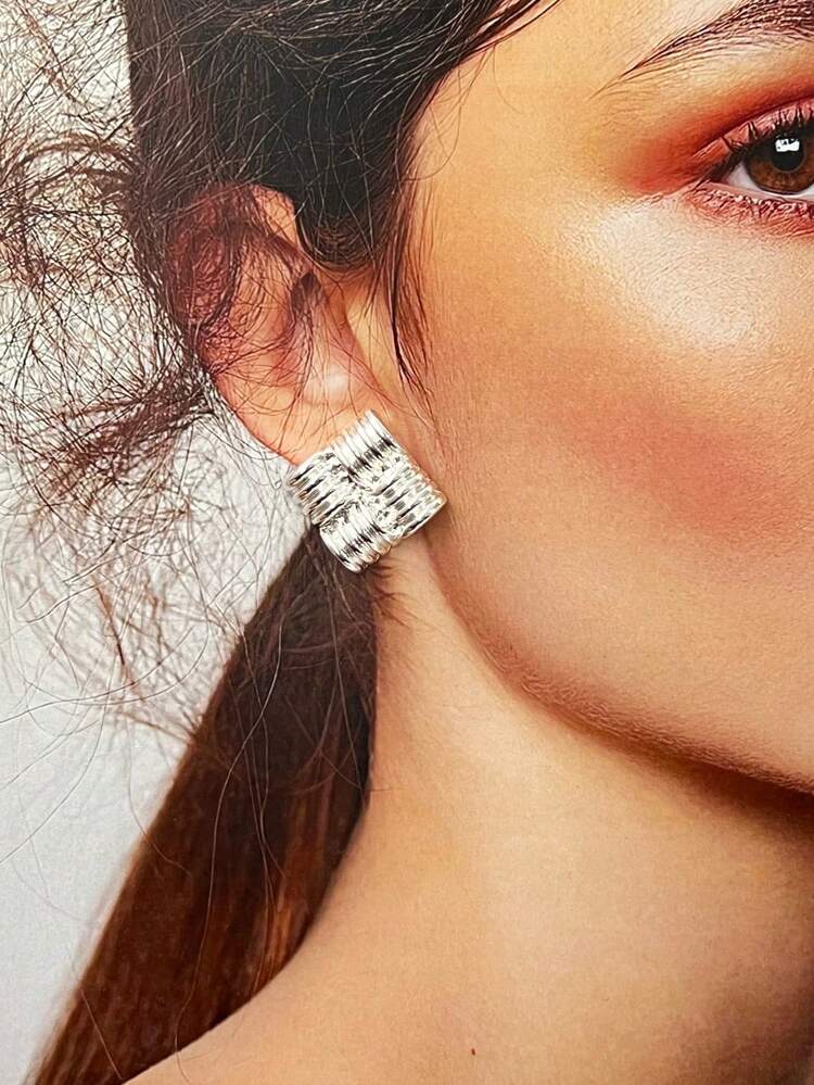 1對流行時尚簡約方形金屬耳環,適合日常佩戴女性 - 銀色 - 查看 4