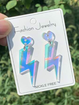 1 Pair Heart & Lightning Bolt Colorful Acrylic Long Pendant Earrings, Unique Design, Fashion Jewelry, Versatile For Daily Wear