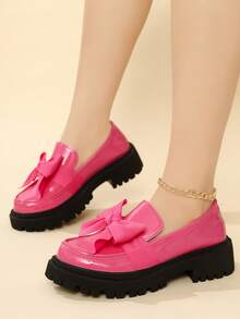 Elegant, Cute, And Fashionable Women's Loafers With Bow Decoration, Glossy Upper, Soft Thick-Soled Heel, And Non-Slip Rubber Sole. Perfect For Christmas, Halloween, Thanksgiving, School, Or Casual Occasions. - 粉色 - 查看 1