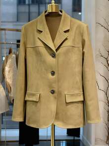 1pc Women Suedette Coat, Suitable For Daily Commute, Christmas, Thanksgiving - Khaki - View 2