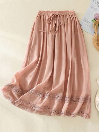 Falda midi ligera para mujer, primavera-verano, con forro, línea A, cintura elástica, con volantes, con cordón, bordado de encaje a contraste, tejido no elástico, casual, perfecta para uso diario y escapadas de fin de semana