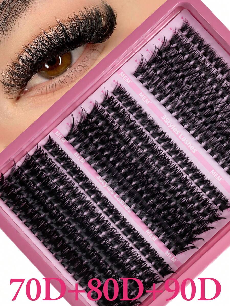 300pcs Fluffy Eyelash Clusters, 30D/40D/50D/60D/70D/80D/90D/100D Individual Lashes, Thick Cluster Lashes Extensions, D Curl Lash Clusters, Single Lashes, 10-18mm Fine Cluster Lashes, Suitable For Travel, Daily Wear (Beginner Friendly), Wedding, Date, Party, Holiday, Ideal For Christmas/Halloween/Gift - 黑色 - 查看 1