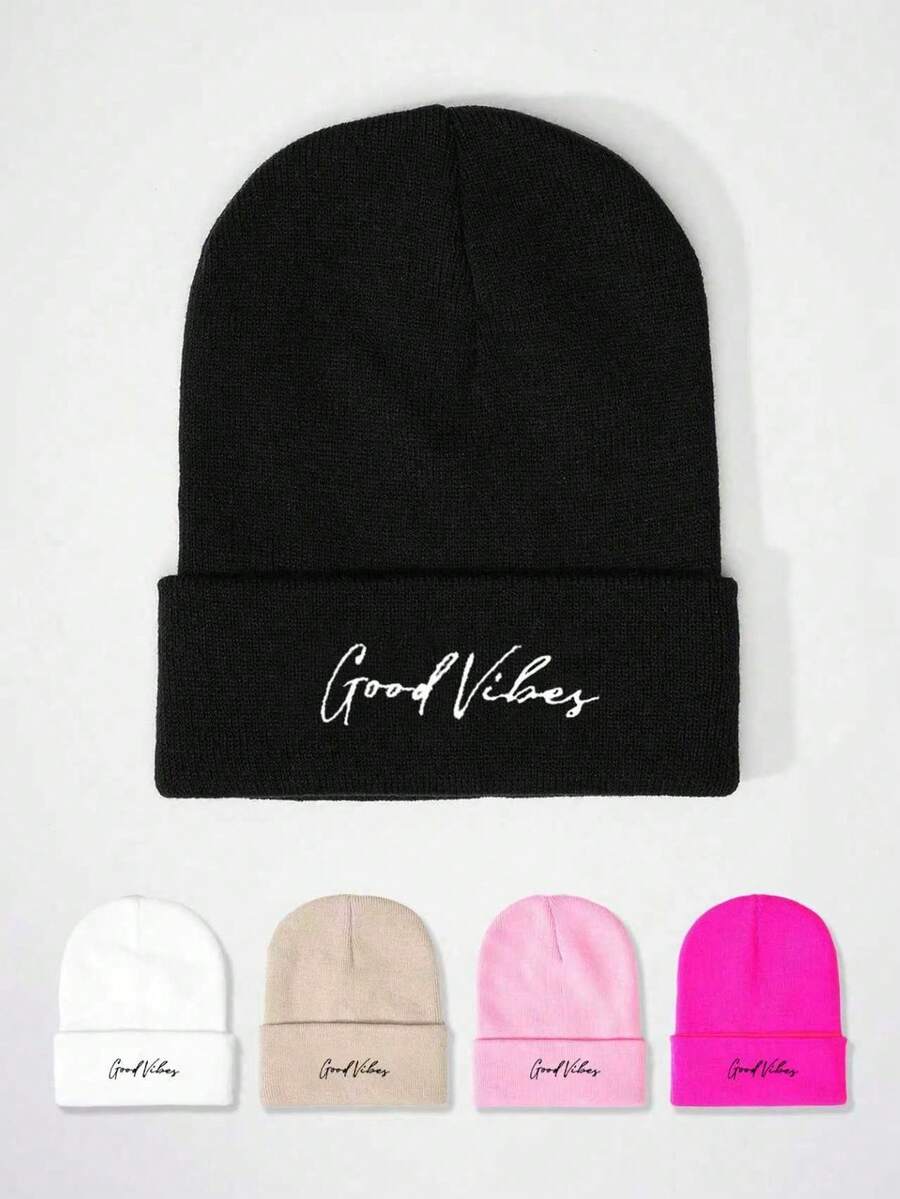1pc Embroidered "Goodvibes" Knit Beanie Hat, Street Casual Warm Winter Hat For Outdoor/Commuting - Knitted Hat - View 1