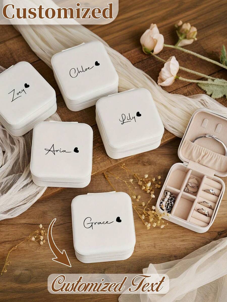 Hộp đựng trang sức khắc tên cá nhân, hộp đựng đồ du lịch hình chữ nhật cổ điển lót vải có khóa kéo và ngăn chia, hộp quà tặng đa năng cho phù dâu - không cần điện, hộp đựng trang sức | thiết kế chi tiết hình trái tim | lót vải, hộp đựng trang sức, hộp sắp xếp đồ du lịch, phong cách thập niên 2000