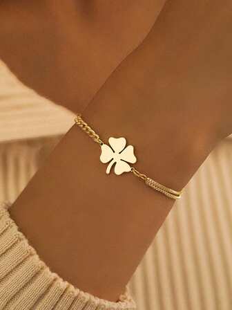 1pc 18K Gold Plated Stainless Steel Four-Leaf Clover Pendant Necklace Chain Bracelet, Fashionable Elegant Gift For Women, Suitable For Daily Wear, Birthday, Holiday