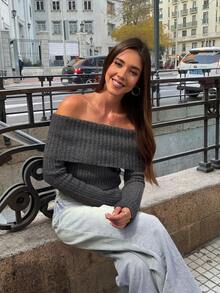 HoloChill Women Young Influencer Style Solid Color Off-Shoulder Ribbed Casual Pullover Sweater, Summer Casual New Arrival Carnival