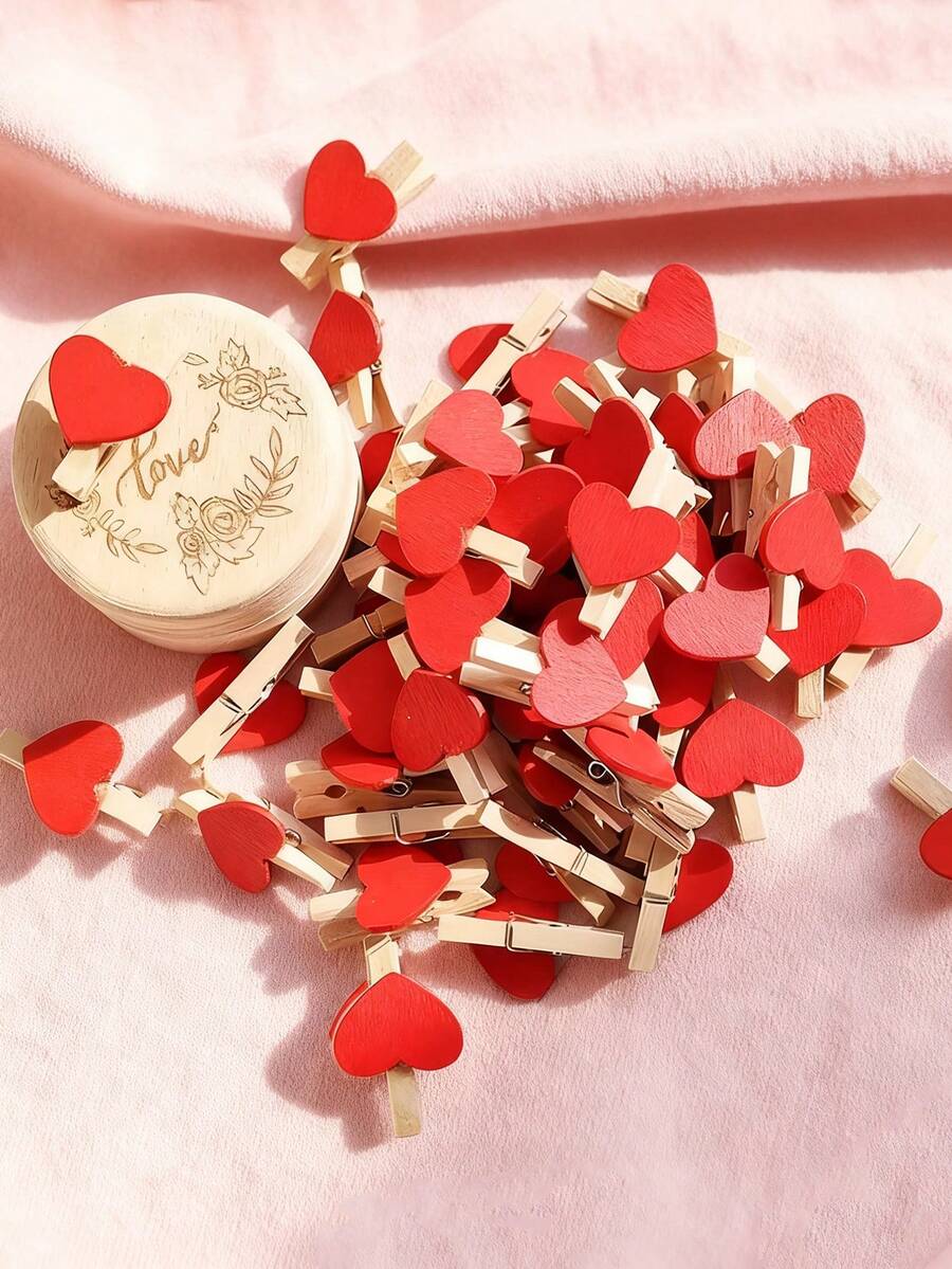 10/20/30/50个装 红色爱心木质衣夹照片纸夹迷你衣夹明信片夹家居婚礼情人节装饰 - 彩色 - 查看 1